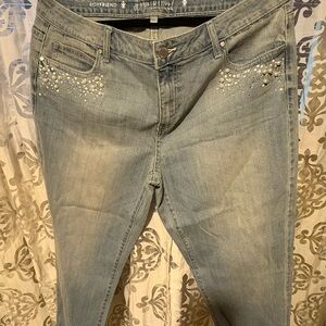 Jennifer Lopez Blue Boyfriend Jeans with Rhinestone and Pearl Embellishments